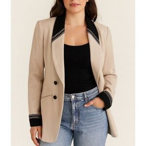 Vintage Blazer Size 10 Beige Black Trim Boho 80s Double Breasted Career Jacket